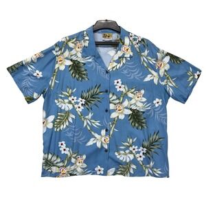 Winnie Fashion Hawaiian Shirt Mens XL Blue Rayon Orchid Bamboo Made in Hawaii